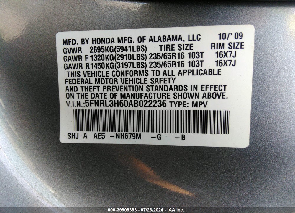 2010 HONDA ODYSSEY EX-L VIN: 5FNRL3H60AB022236