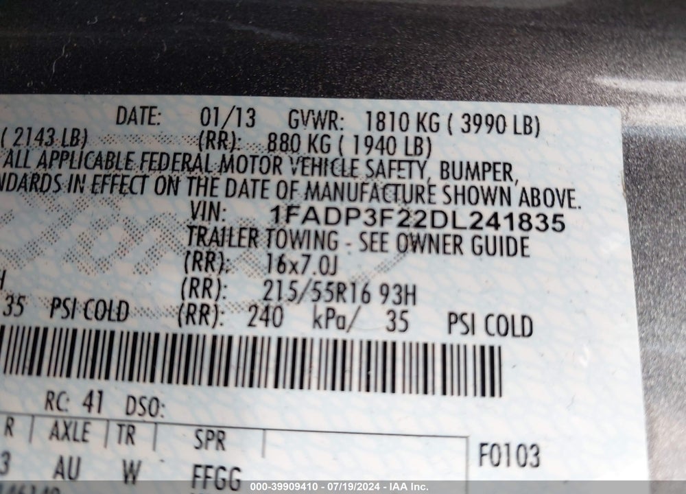 2013 FORD FOCUS SE VIN: 1FADP3F22DL241835