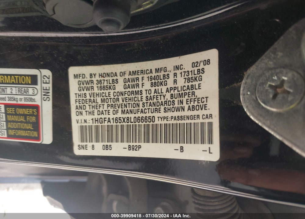2008 HONDA CIVIC SDN LX VIN: 1HGFA165X8L066650
