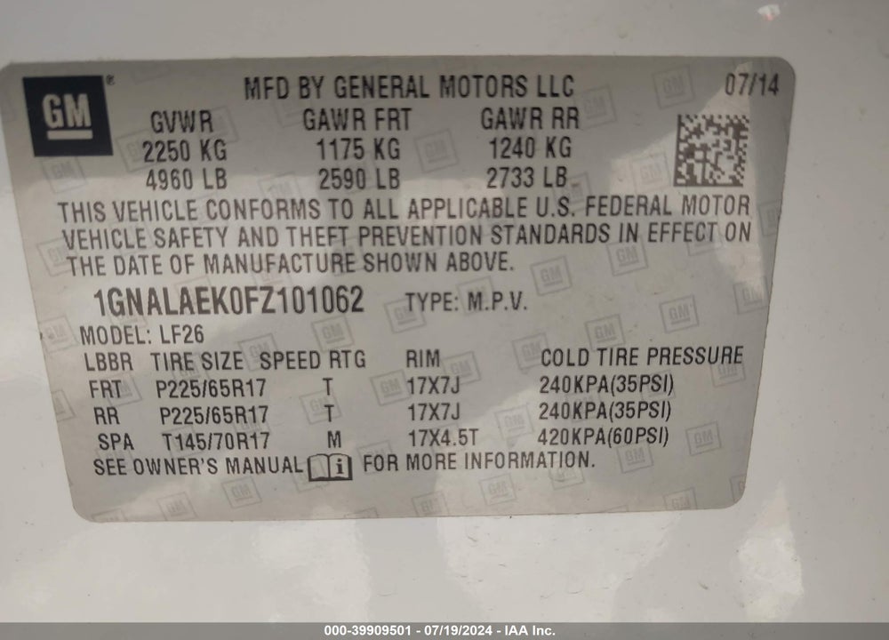 2015 CHEVROLET EQUINOX LS VIN: 1GNALAEK0FZ101062