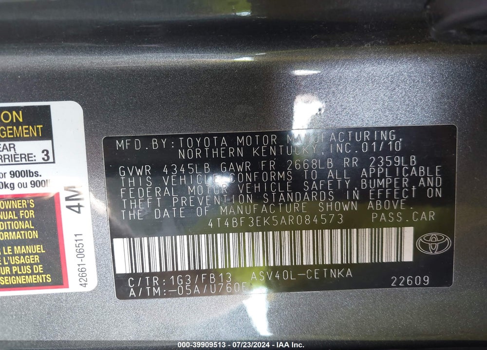 2010 TOYOTA CAMRY LE VIN: 4T4BF3EK5AR084573