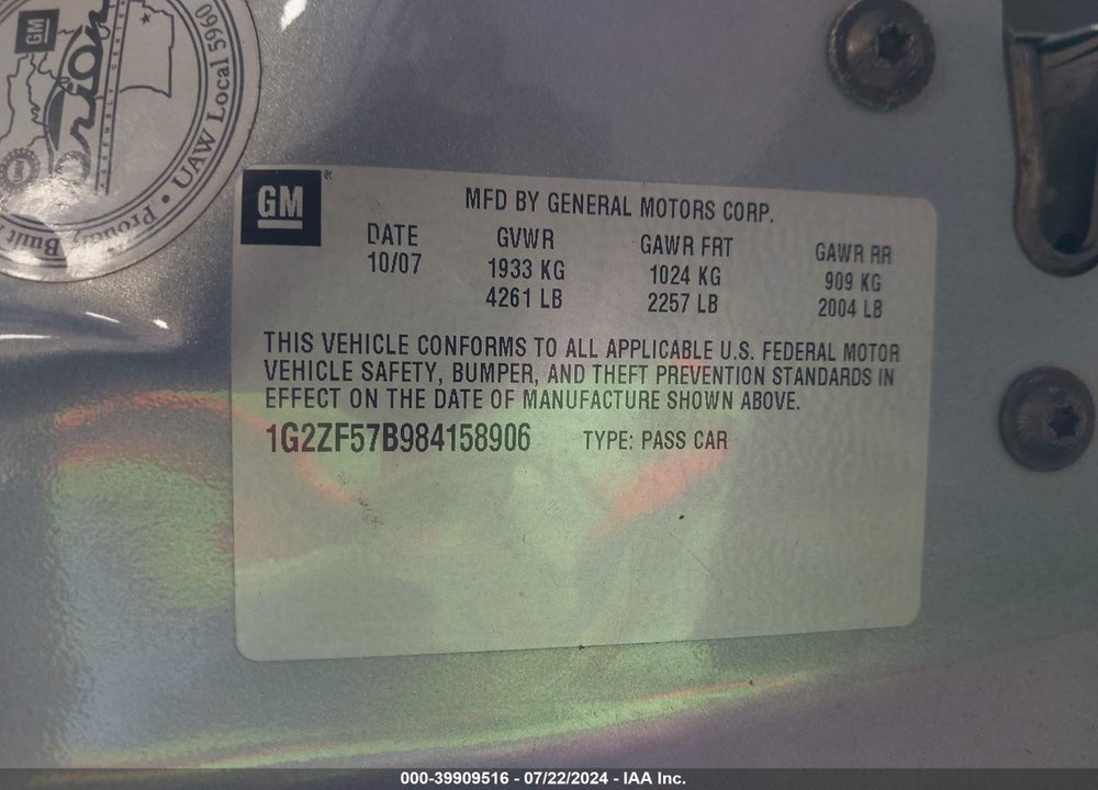 2008 PONTIAC G6 VALUE LEADER VIN: 1G2ZF57B984158906