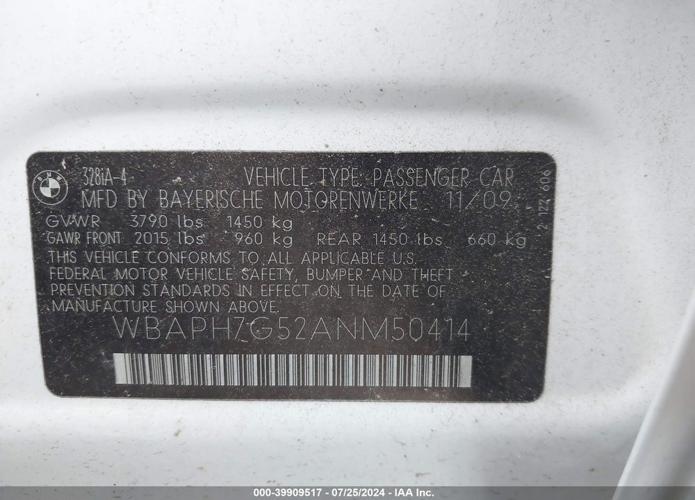 2010 BMW 328I VIN: WBAPH7G52ANM50414