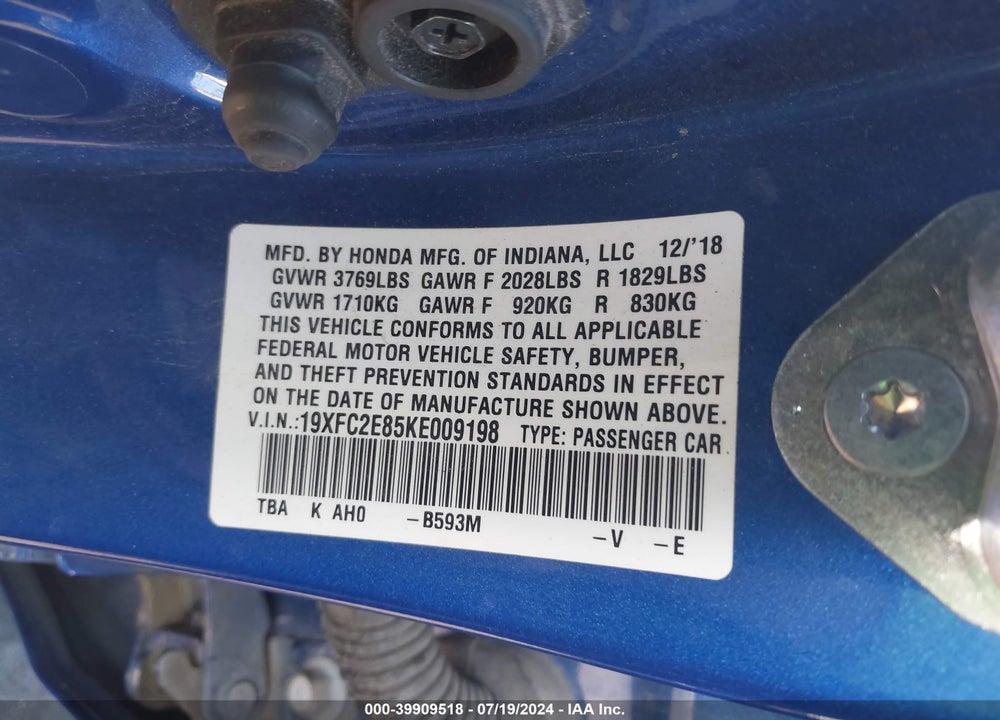 2019 HONDA CIVIC SPORT VIN: 19XFC2E85KE009198
