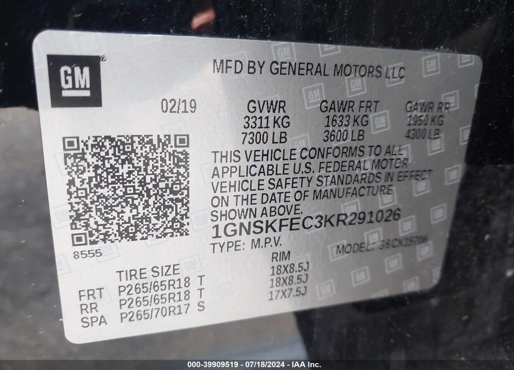 2019 CHEVROLET TAHOE COMMERCIAL FLEET VIN: 1GNSKFEC3KR291026