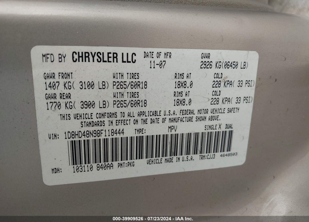 2008 DODGE DURANGO SLT VIN: 1D8HD48N98F118444