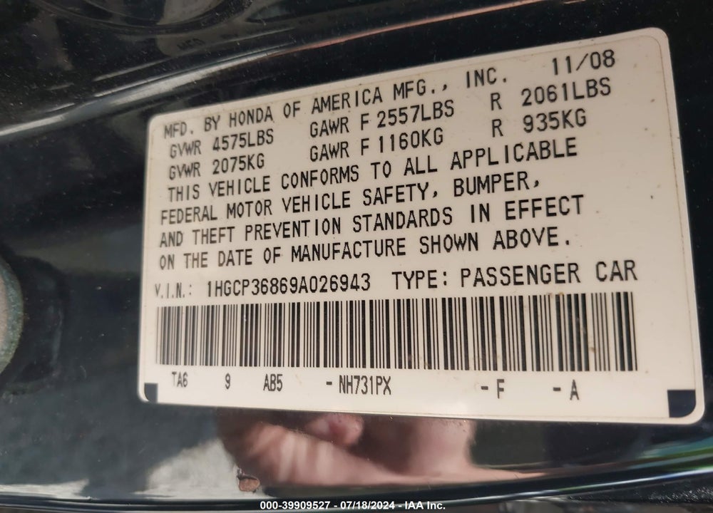 2009 HONDA ACCORD 3.5 EX-L VIN: 1HGCP36869A026943