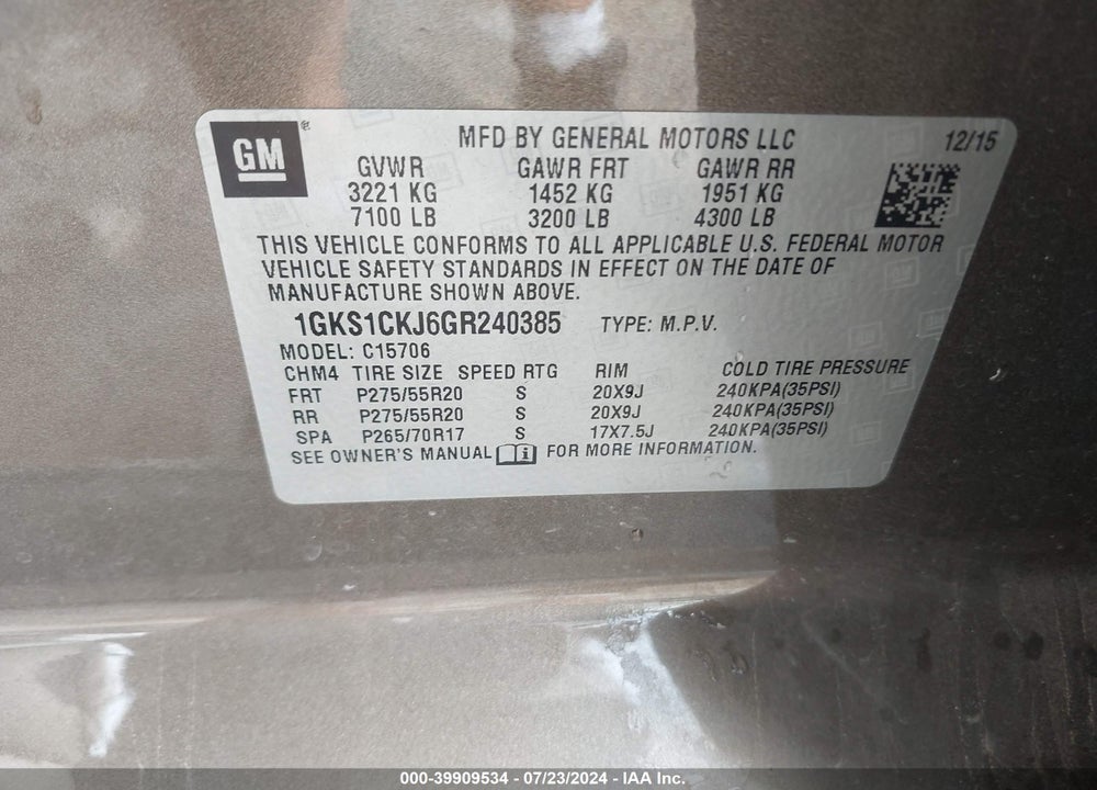 2016 GMC YUKON DENALI VIN: 1GKS1CKJ6GR240385