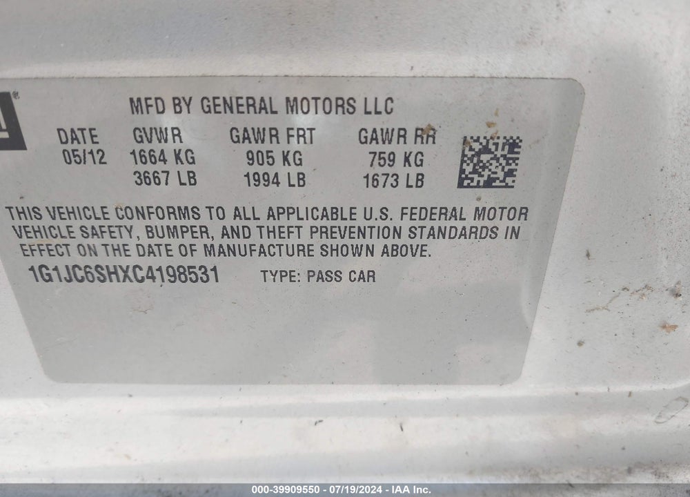 2012 CHEVROLET SONIC 2LT VIN: 1G1JC6SHXC4198531