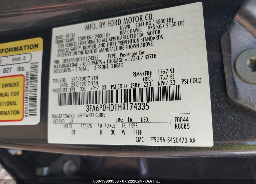 2017 FORD FUSION SE VIN: 3FA6P0HD1HR174335