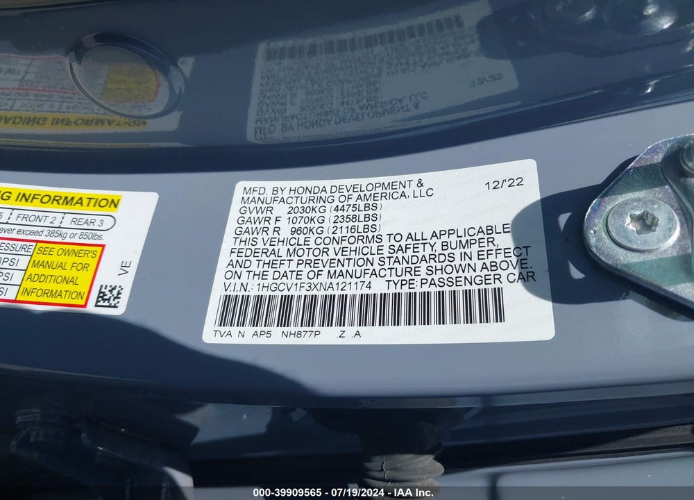 2022 HONDA ACCORD SPORT VIN: 1HGCV1F3XNA121174