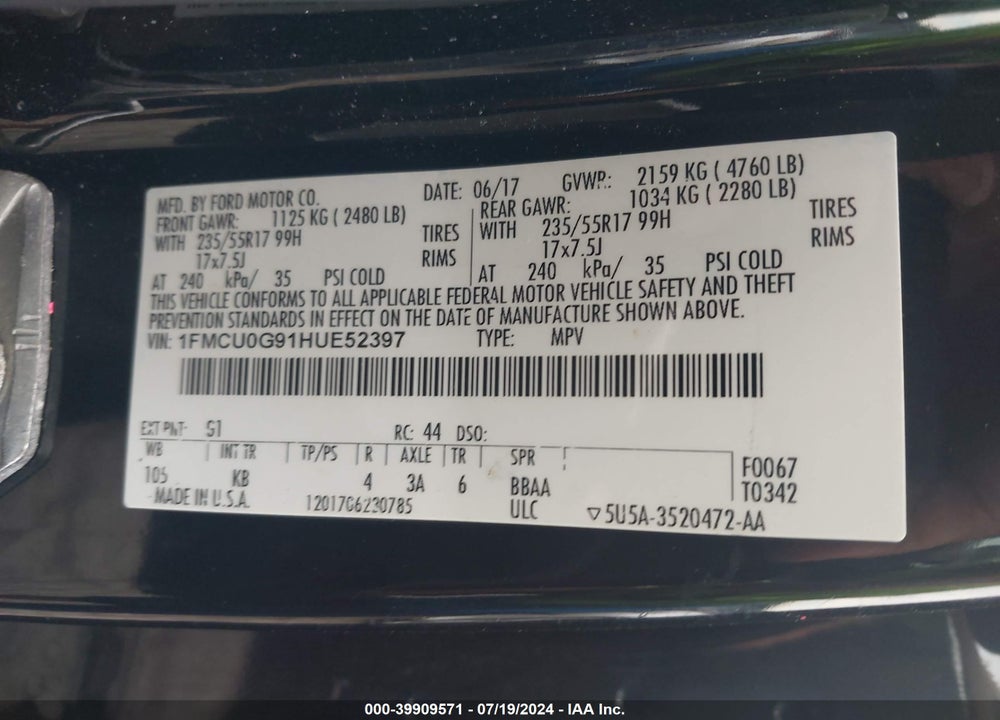 2017 FORD ESCAPE SE VIN: 1FMCU0G91HUE52397