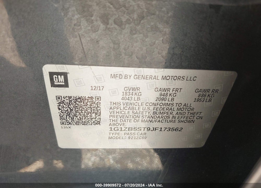 2018 CHEVROLET MALIBU 1LS VIN: 1G1ZB5ST9JF173562