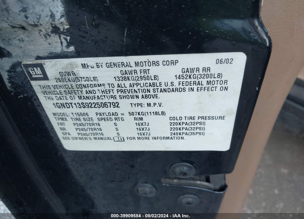 2002 CHEVROLET TRAILBLAZER LS VIN: 1GNDT13S922506792