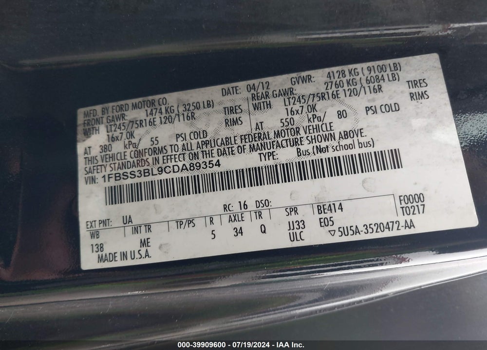 2012 FORD E-350 SUPER DUTY VIN: 1FBSS3BL9CDA89354