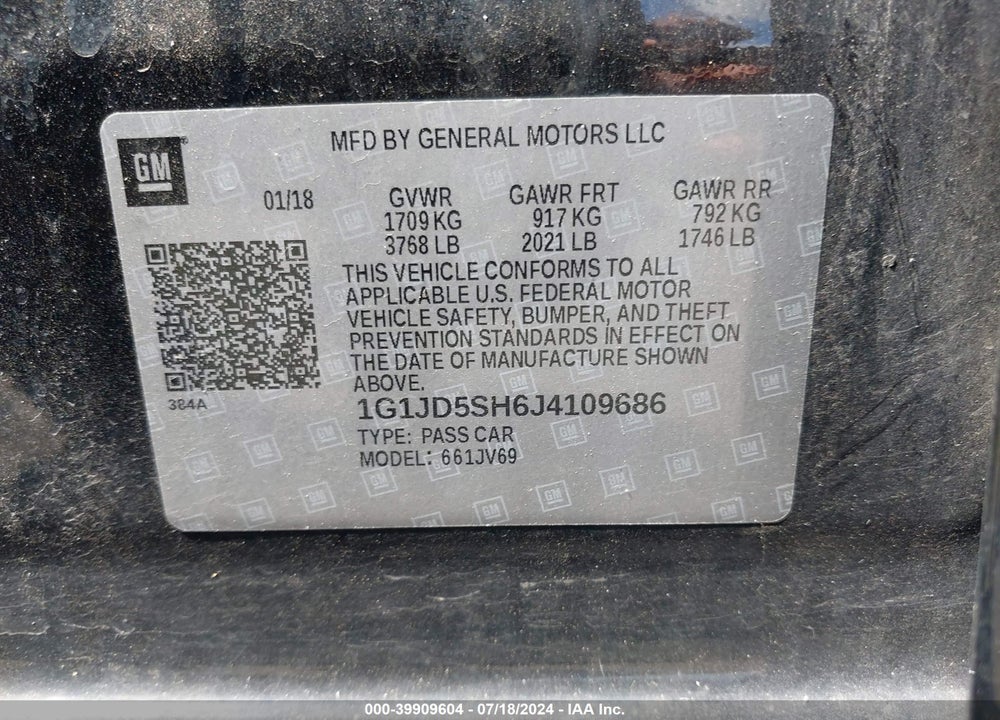 2018 CHEVROLET SONIC LT AUTO VIN: 1G1JD5SH6J4109686