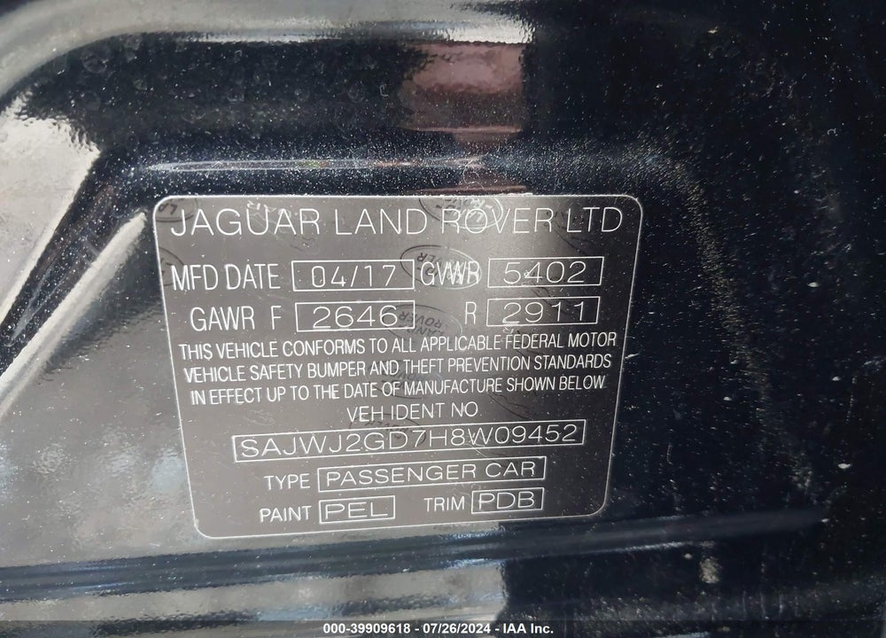 2017 JAGUAR XJ XJL PORTFOLIO VIN: SAJWJ2GD7H8W09452