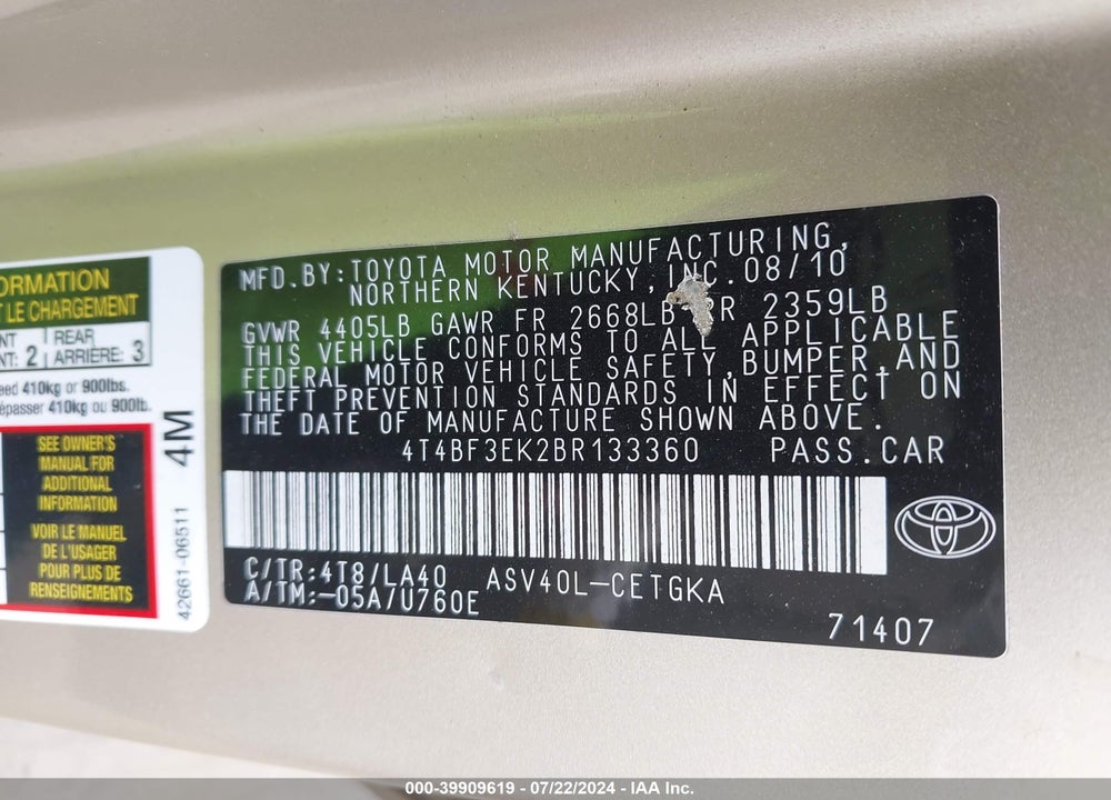 2011 TOYOTA CAMRY XLE VIN: 4T4BF3EK2BR133360
