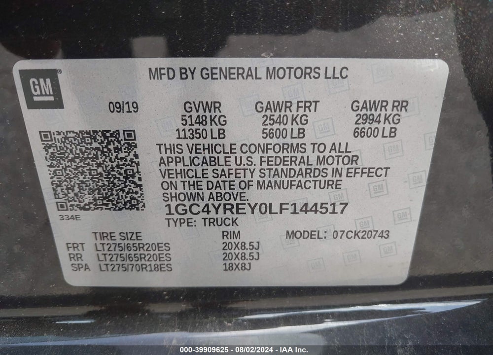 2020 CHEVROLET SILVERADO 2500HD VIN: 1GC4YREY0LF144517