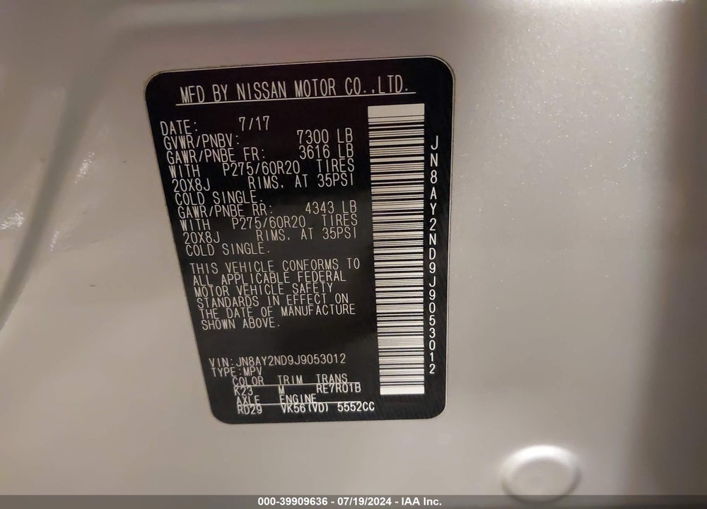 2018 NISSAN ARMADA SL VIN: JN8AY2ND9J9053012