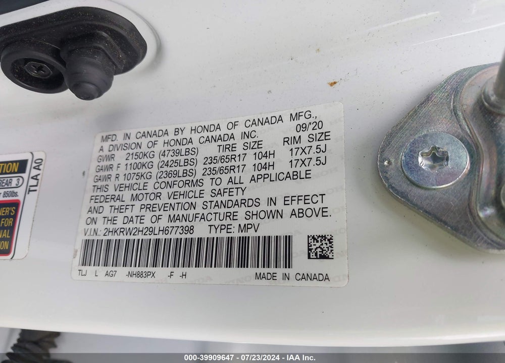 2020 HONDA CR-V AWD LX VIN: 2HKRW2H29LH677398