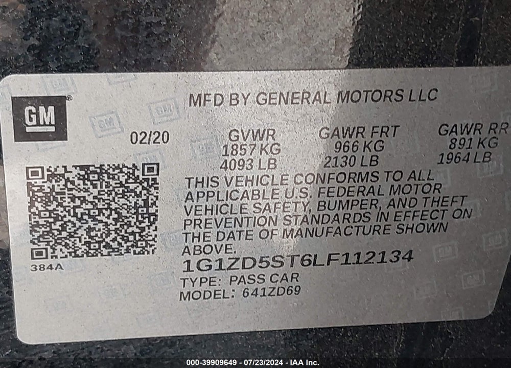 2020 CHEVROLET MALIBU FWD LT VIN: 1G1ZD5ST6LF112134