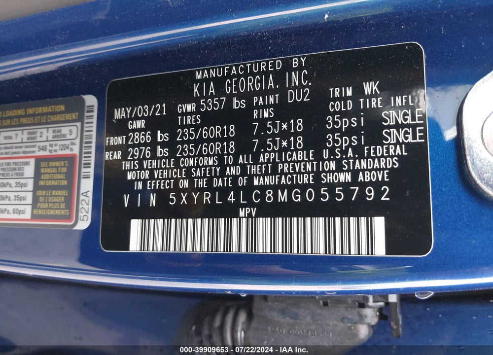 2021 KIA SORENTO S VIN: 5XYRL4LC8MG055792