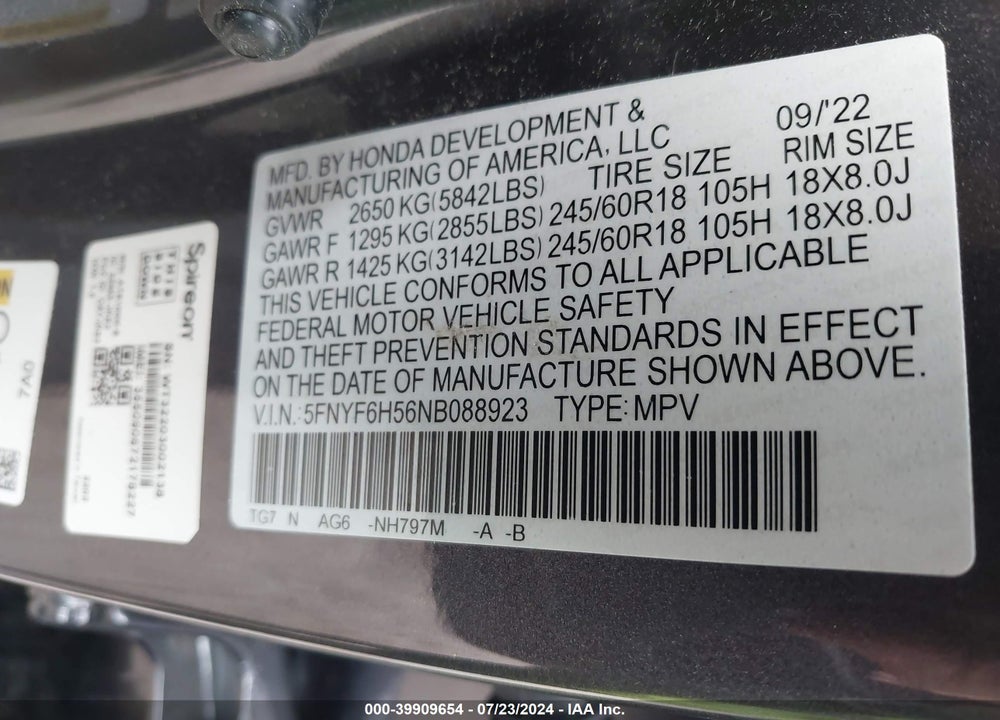 2022 HONDA PILOT AWD EX-L VIN: 5FNYF6H56NB088923
