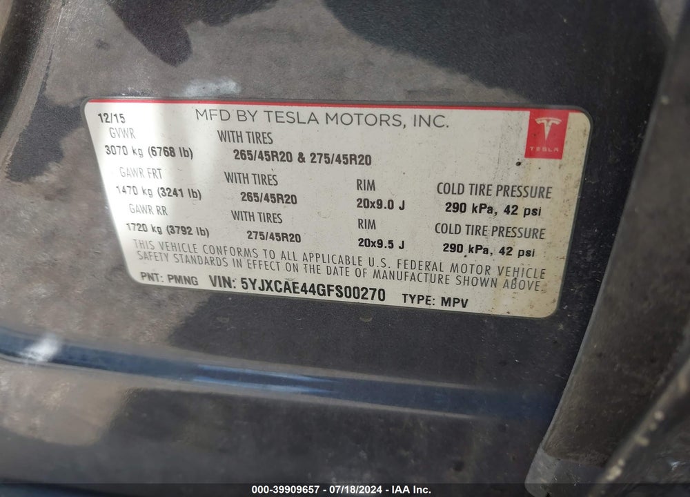 2016 TESLA MODEL X 60D/P100D/P90D VIN: 5YJXCAE44GFS00270
