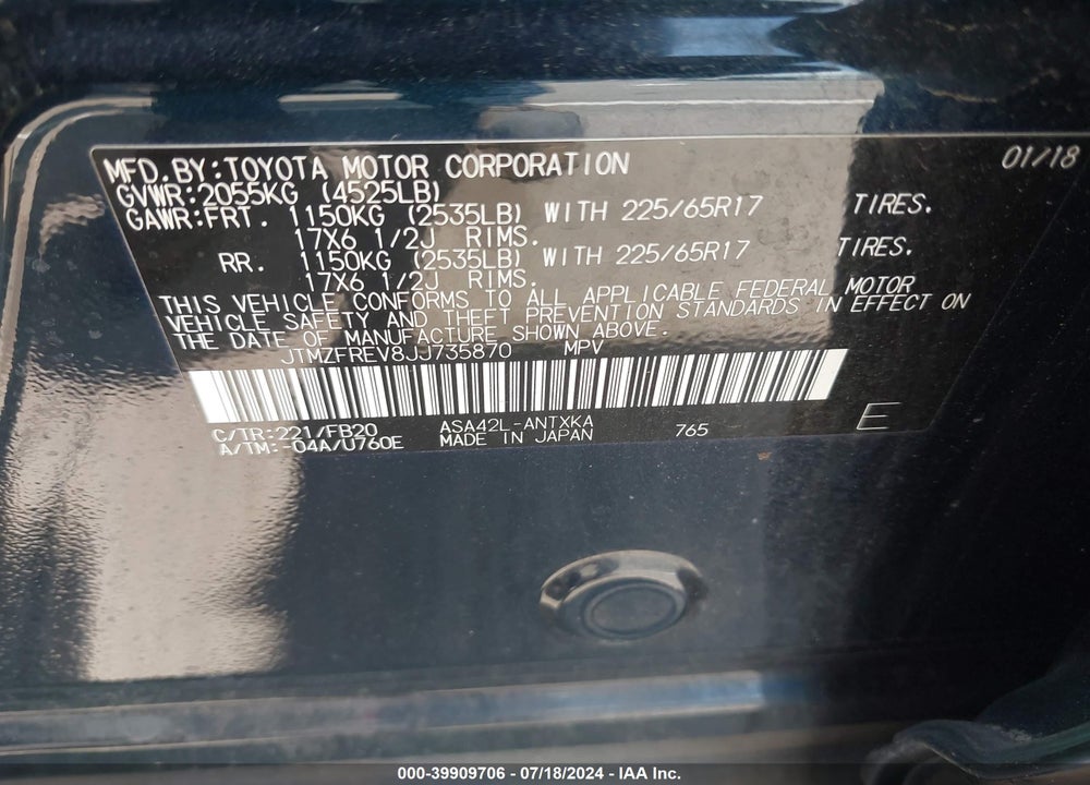 2018 TOYOTA RAV4 LE VIN: JTMZFREV8JJ735870