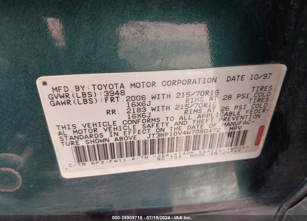 1998 TOYOTA RAV4 VIN: JT3HP10V4W7080472