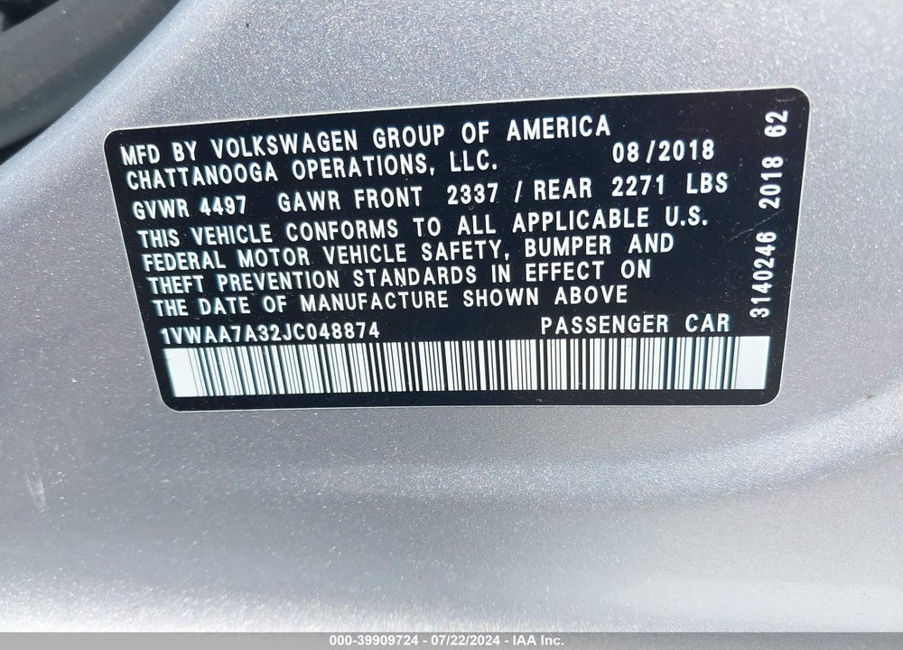 2018 VOLKSWAGEN PASSAT 2.0T R-LINE/2.0T S VIN: 1VWAA7A32JC048874