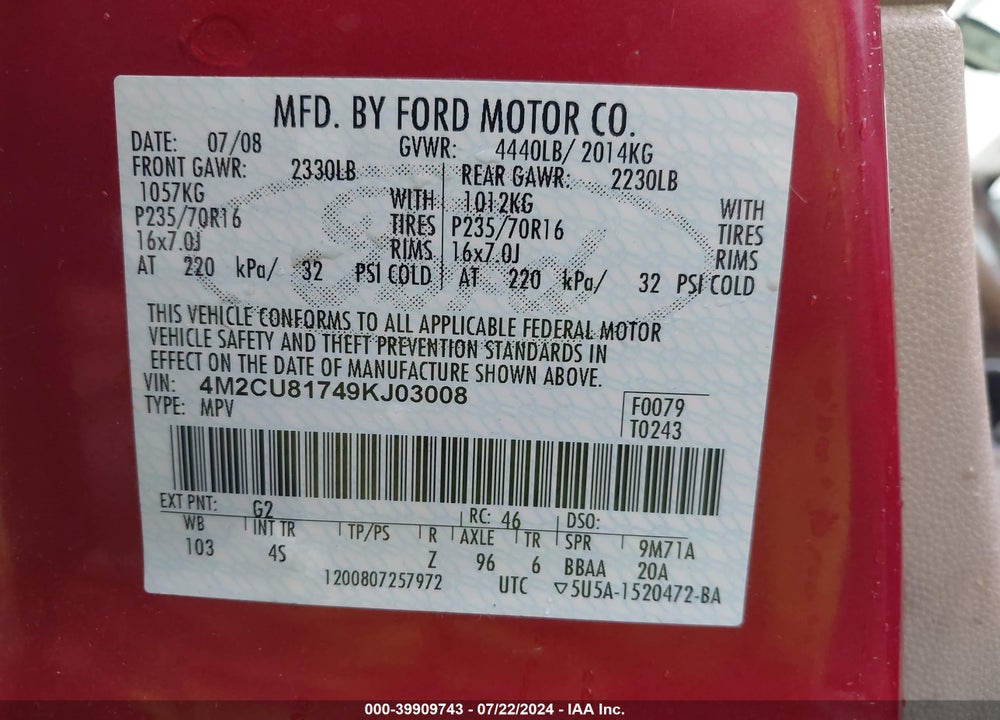 2009 MERCURY MARINER I4 VIN: 4M2CU81749KJ03008
