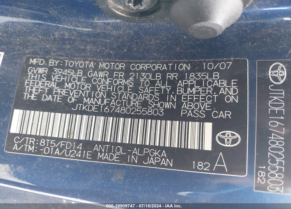 2008 SCION TC VIN: JTKDE167480255803