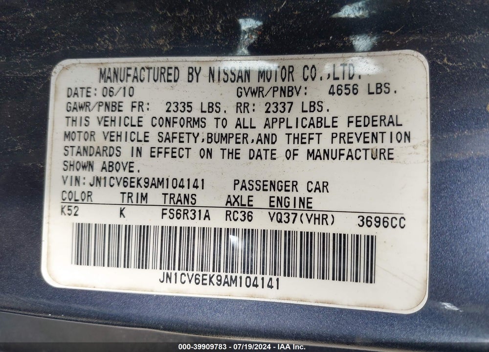 2010 INFINITI G37 SPORT VIN: JN1CV6EK9AM104141