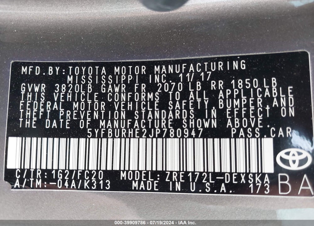 2018 TOYOTA COROLLA SE VIN: 5YFBURHE2JP780947