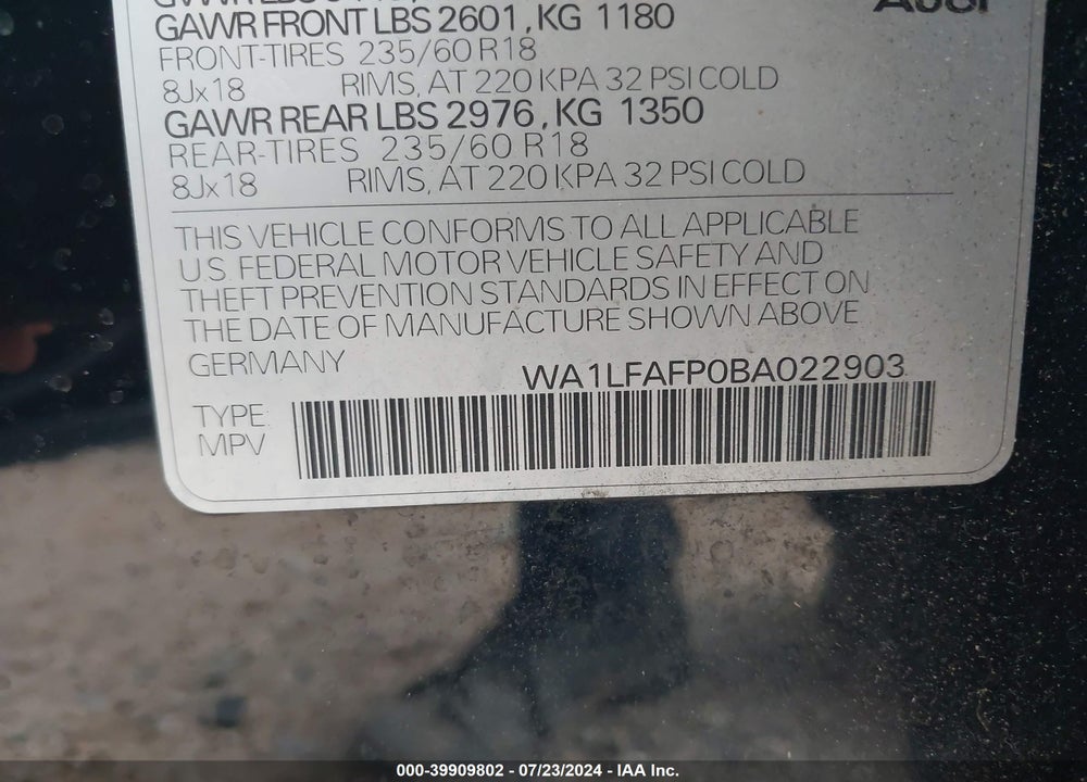 2011 AUDI Q5 2.0T PREMIUM VIN: WA1LFAFP0BA022903