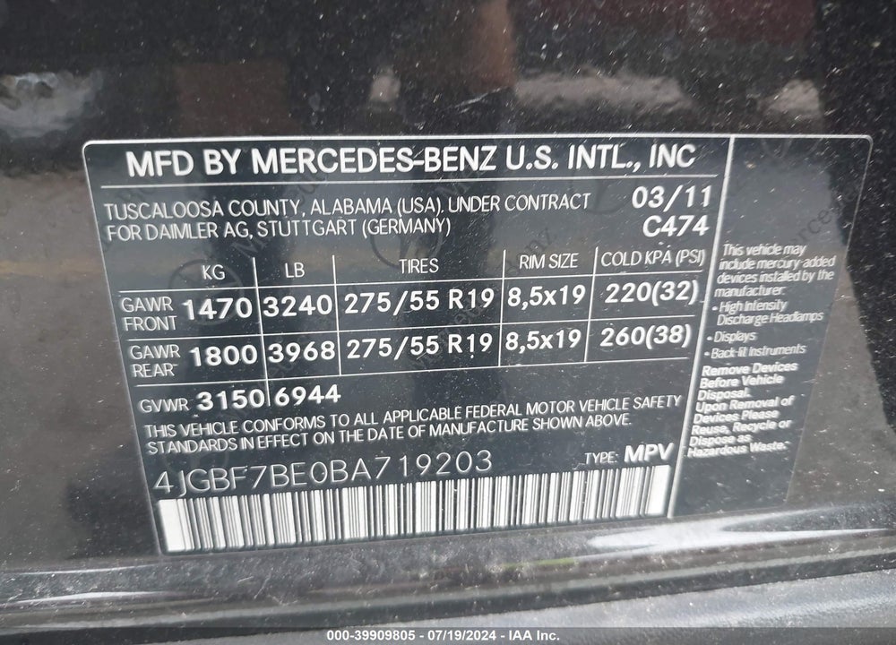 2011 MERCEDES-BENZ GL 450 4MATIC VIN: 4JGBF7BE0BA719203