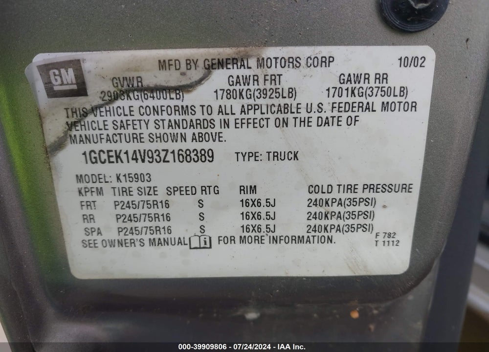 2003 CHEVROLET SILVERADO 1500 WORK TRUCK VIN: 1GCEK14V93Z168389