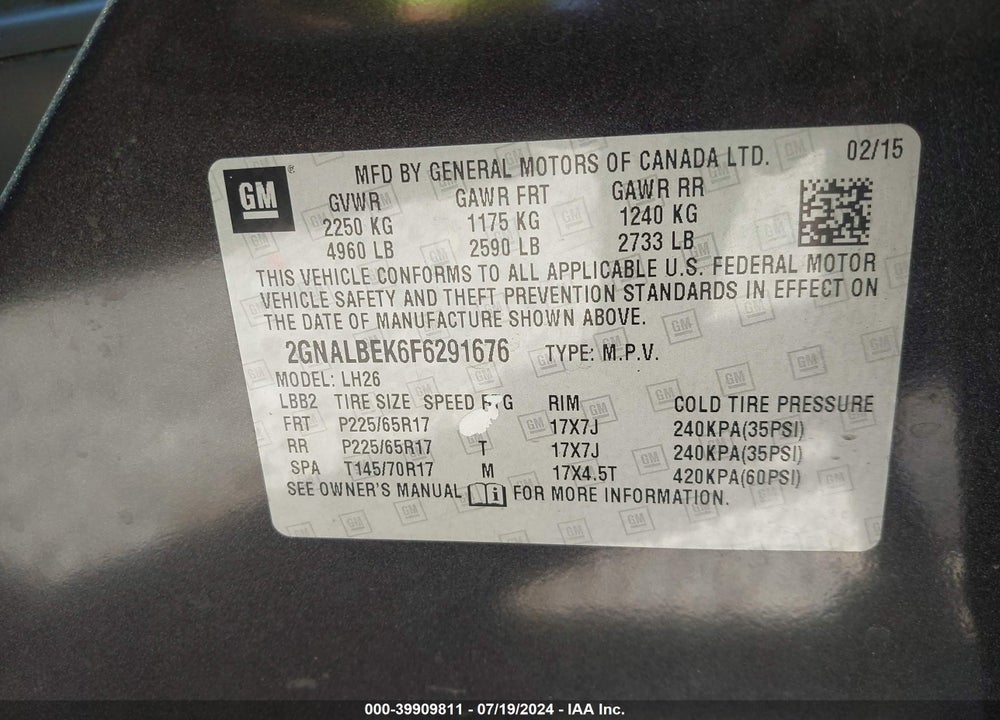 2015 CHEVROLET EQUINOX 1LT VIN: 2GNALBEK6F6291676