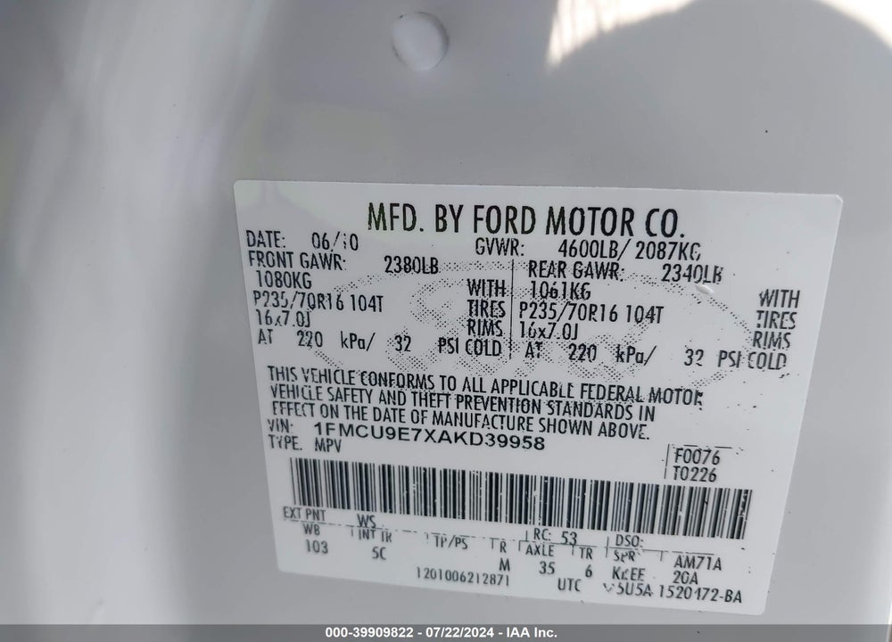 2010 FORD ESCAPE LIMITED VIN: 1FMCU9E7XAKD39958
