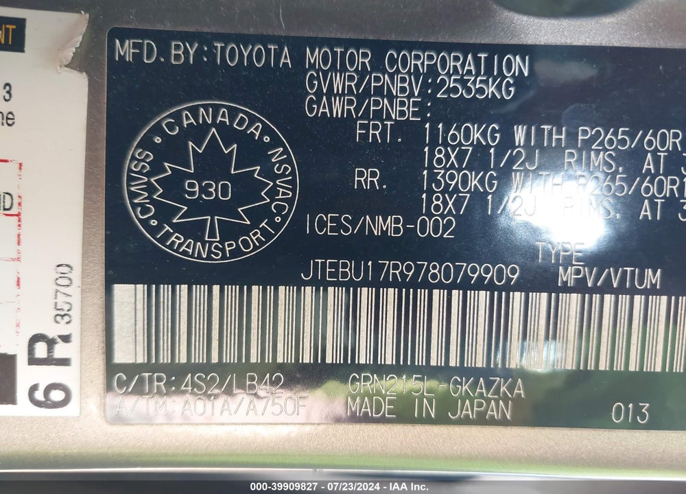 2007 TOYOTA 4RUNNER LIMITED V6 VIN: JTEBU17R978079909