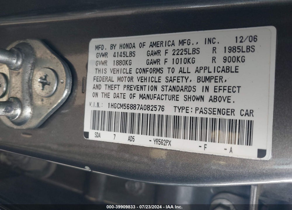 2007 HONDA ACCORD 2.4 EX VIN: 1HGCM56887A082576