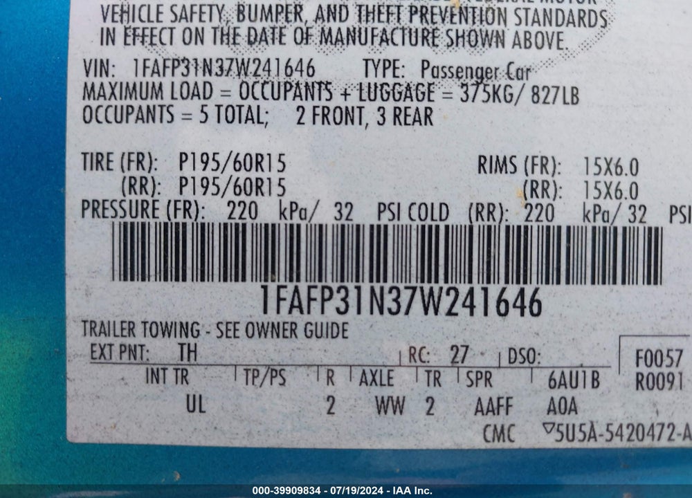 2007 FORD FOCUS S/SE/SES VIN: 1FAFP31N37W241646