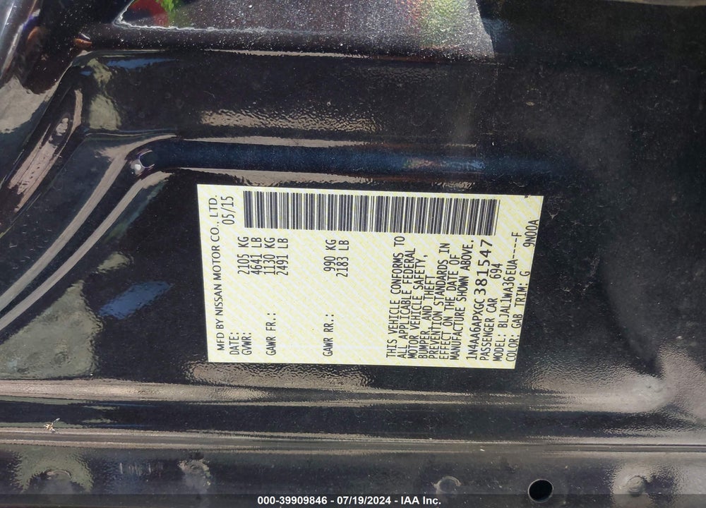 2016 NISSAN MAXIMA 3.5 SR VIN: 1N4AA6APXGC381547