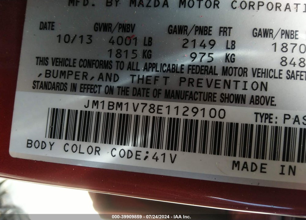 2014 MAZDA 3 I TOURING VIN: JM1BM1V78E1129100