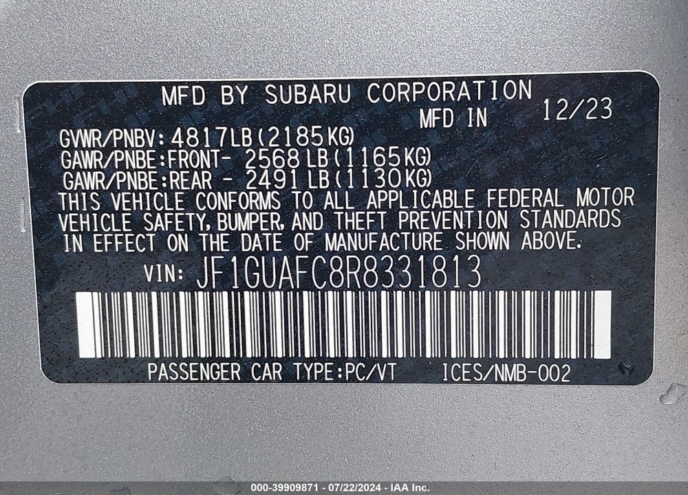 2024 SUBARU IMPREZA SPORT 5-DOOR VIN: JF1GUAFC8R8331813