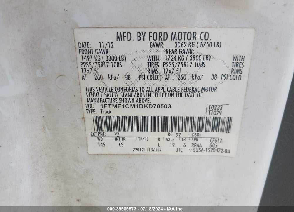 2013 FORD F-150 XL VIN: 1FTMF1CM1DKD70503