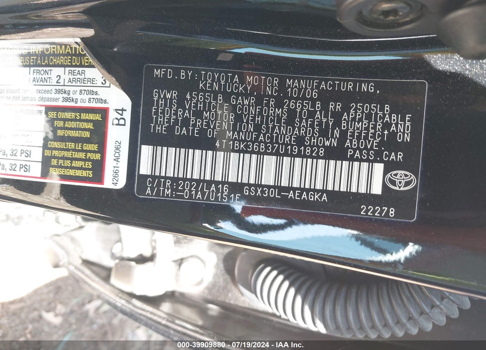 2007 TOYOTA AVALON XLS VIN: 4T1BK36B37U191828