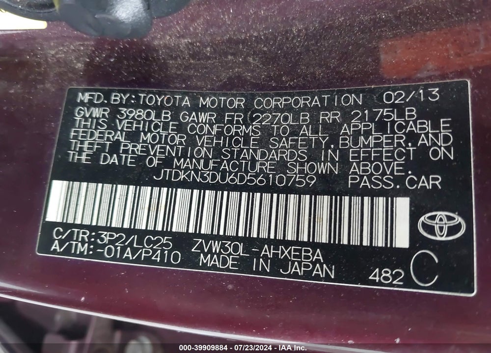2013 TOYOTA PRIUS THREE SE VIN: JTDKN3DU6D5610759